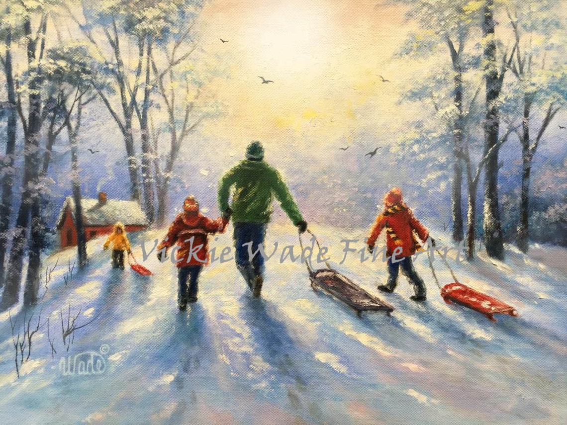 Father and Three Children Sledding in a Snowy Winter Forest Poster