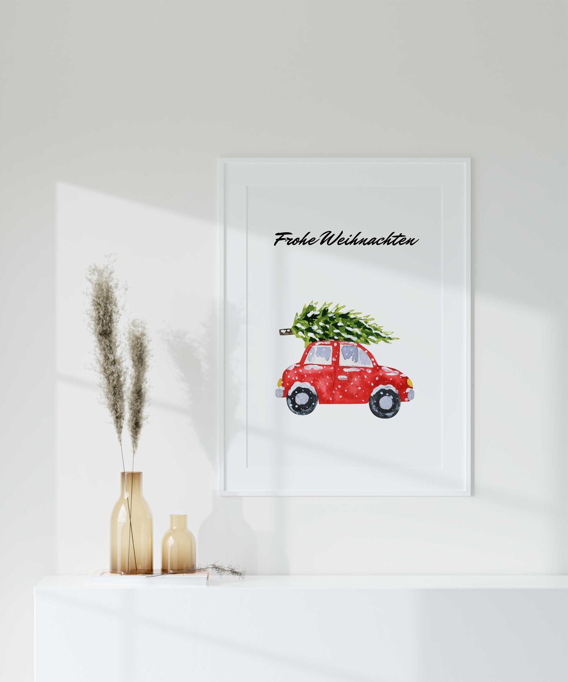 Frohe Weihnachten Red Car Christmas Tree German Holiday Poster - Image 2