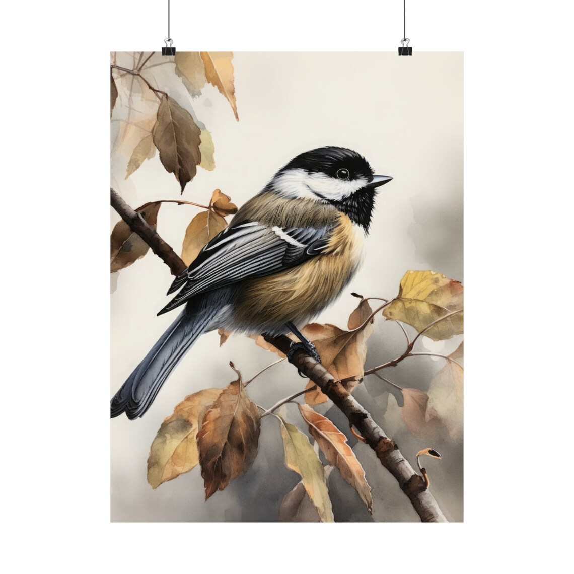 Chickadee Bird Branch Autumn Leaves Watercolor Wildlife Art Print - Image 5
