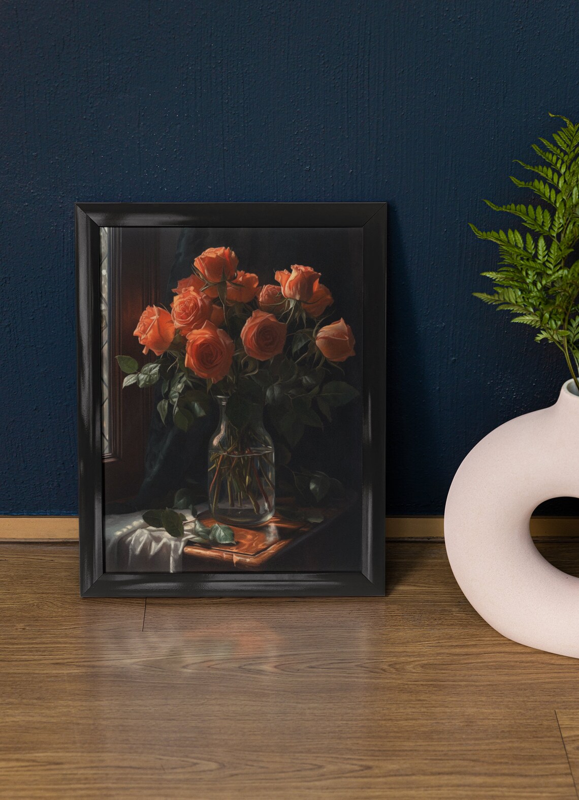 Orange Rose Bouquet Fiery Warm Blooms Dark Still Life Art Poster