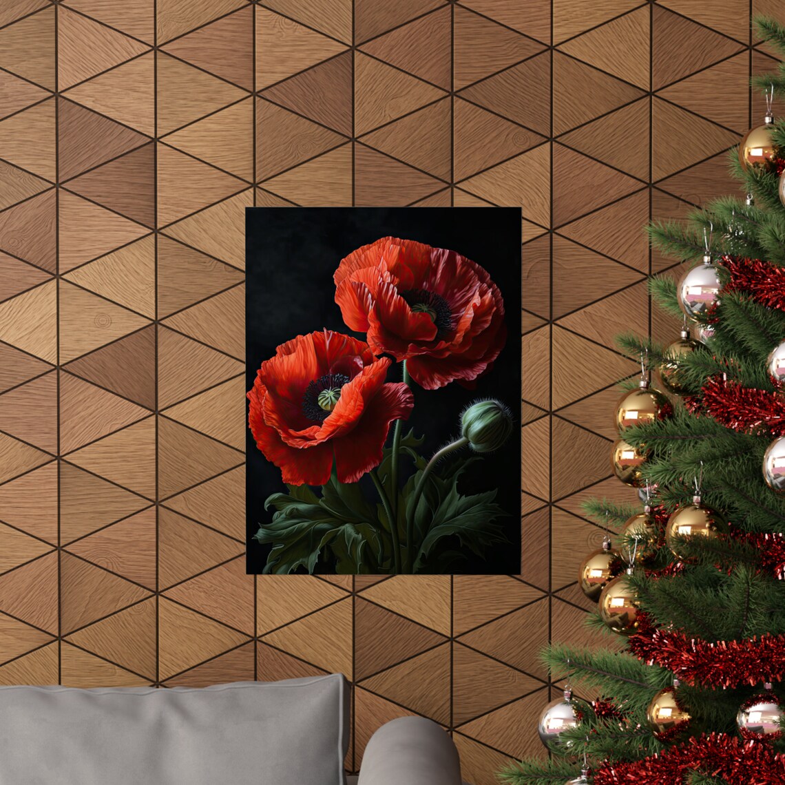 California Poppy Scarlet Blooms Bud Dark Vivid Floral Painting Poster - Image 3