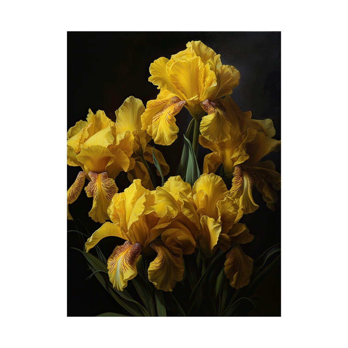 Golden Yellow Iris Blossoms Cluster Dark Moody Floral Wall Art Print - Image 4