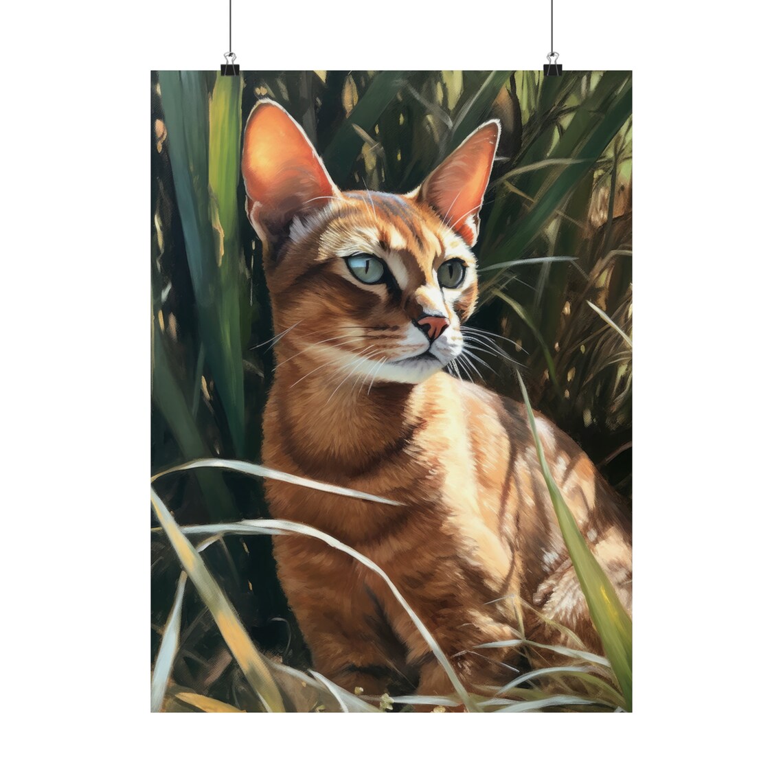 Abyssinian Cat Portrait Sunlit Grass Ruddy Ticked Coat Feline Art Print - Image 5