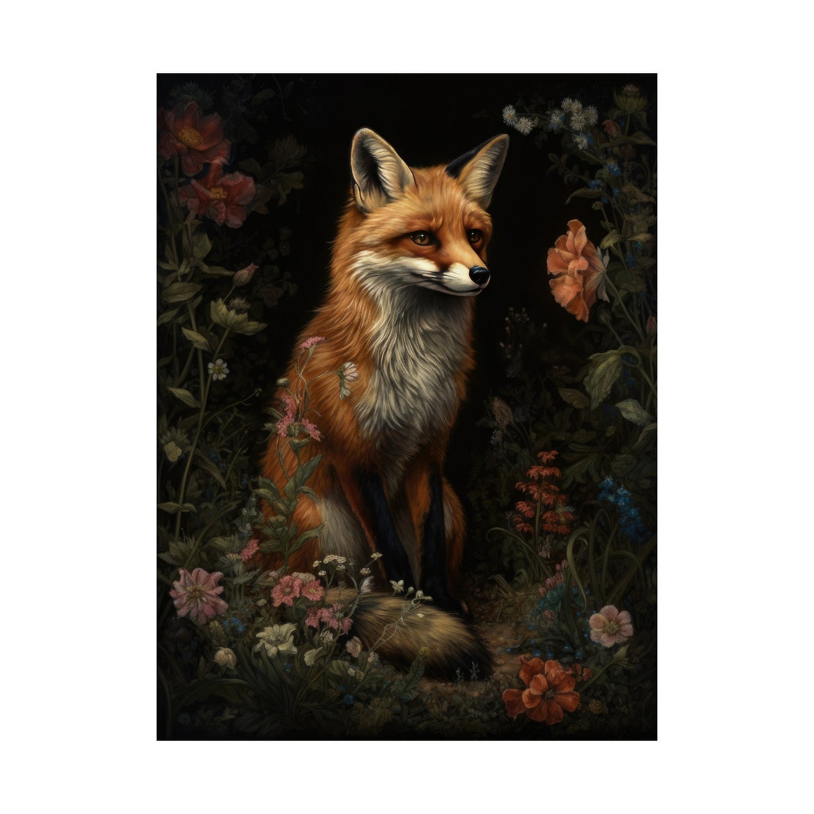 Red Fox Sitting Among Dark Moody Roses And Wildflowers Night Poster - Image 4