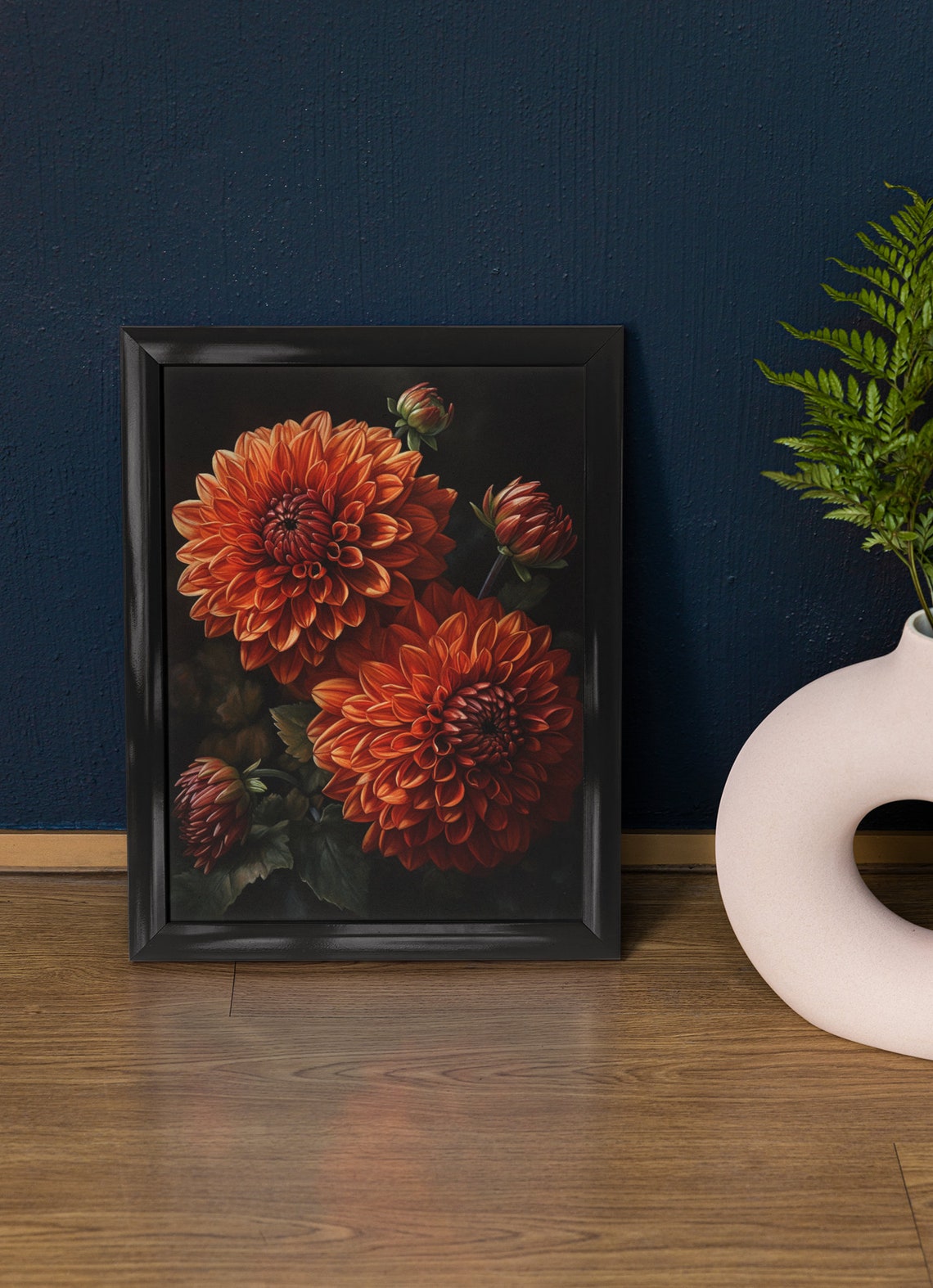 Rust Orange Dahlia Blooms Dramatic Dark Floral Botanical Art Print