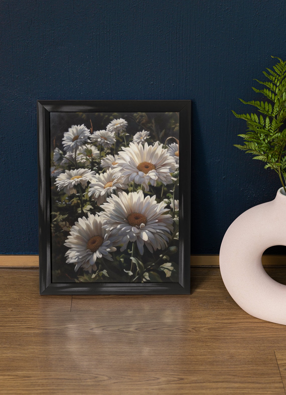 White Daisy Field Fresh Blooms Dark Background Botanical Art Poster