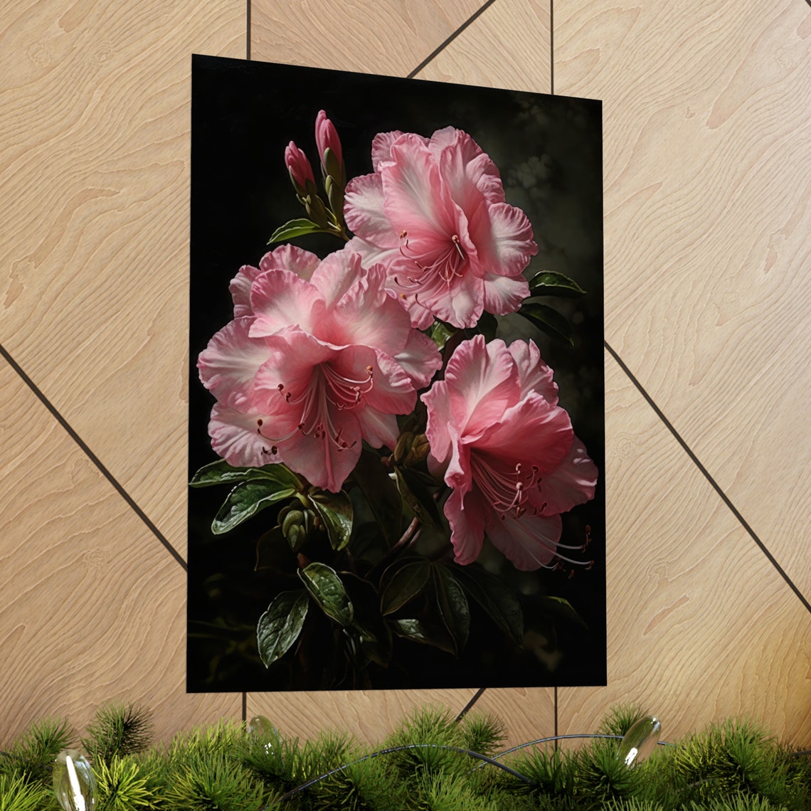 Pink Azalea Blossoms Moody Dark Botanical Floral Wall Art Print - Image 2