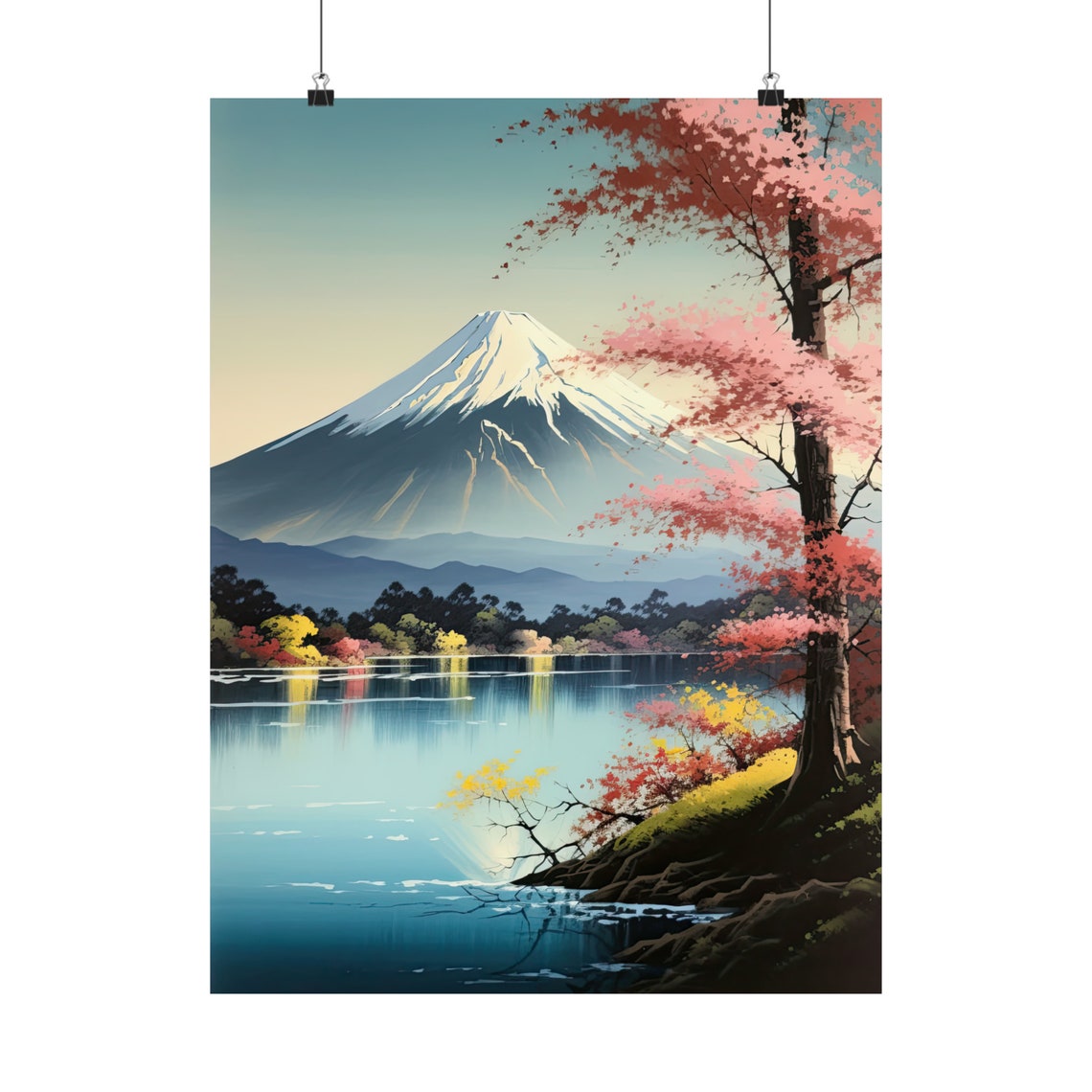 Mt Fuji Cherry Blossom Tree Lake Reflection Sunset Travel Poster - Image 5