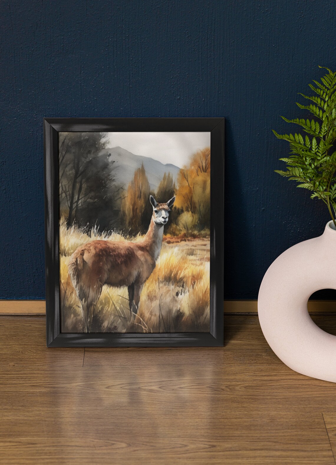 Llama Golden Meadow Mountain Backdrop Watercolor Animal Art Print