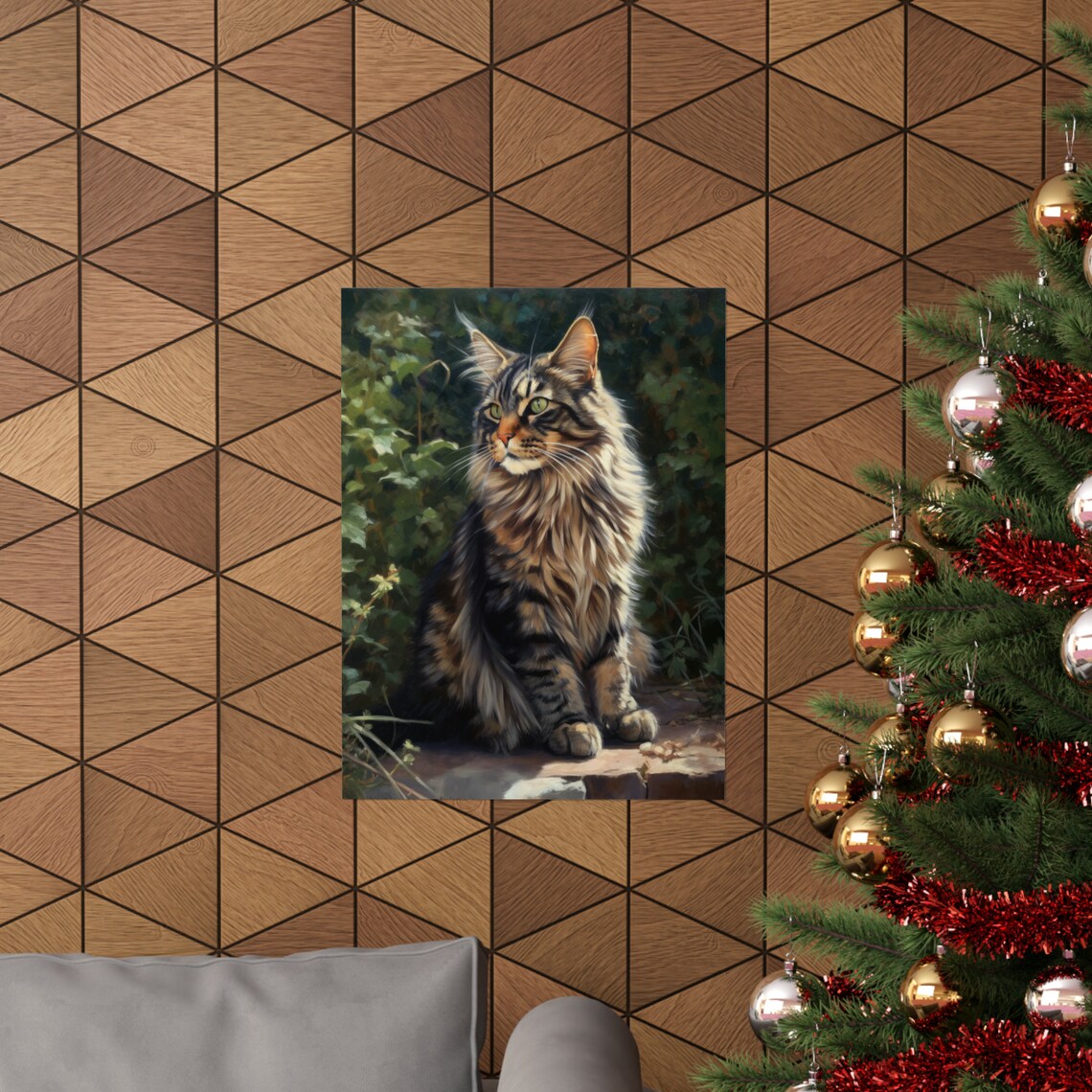 Maine Coon Cat Longhair Tabby Sitting By Garden Wall Sunlit Portrait Print - Image 3