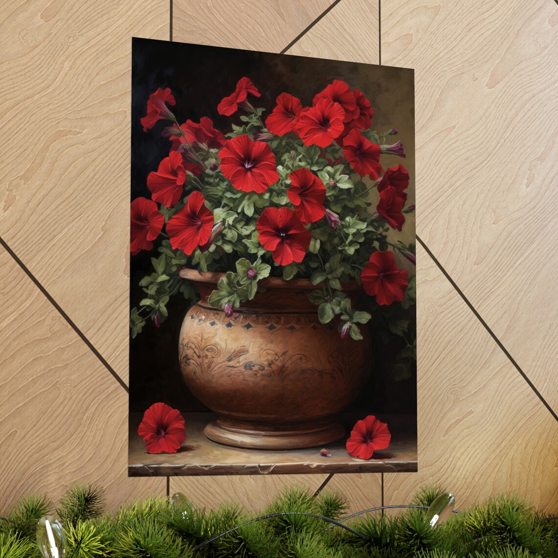 Red Petunias Decorative Urn Dark Moody Floral Still Life Poster - Image 2