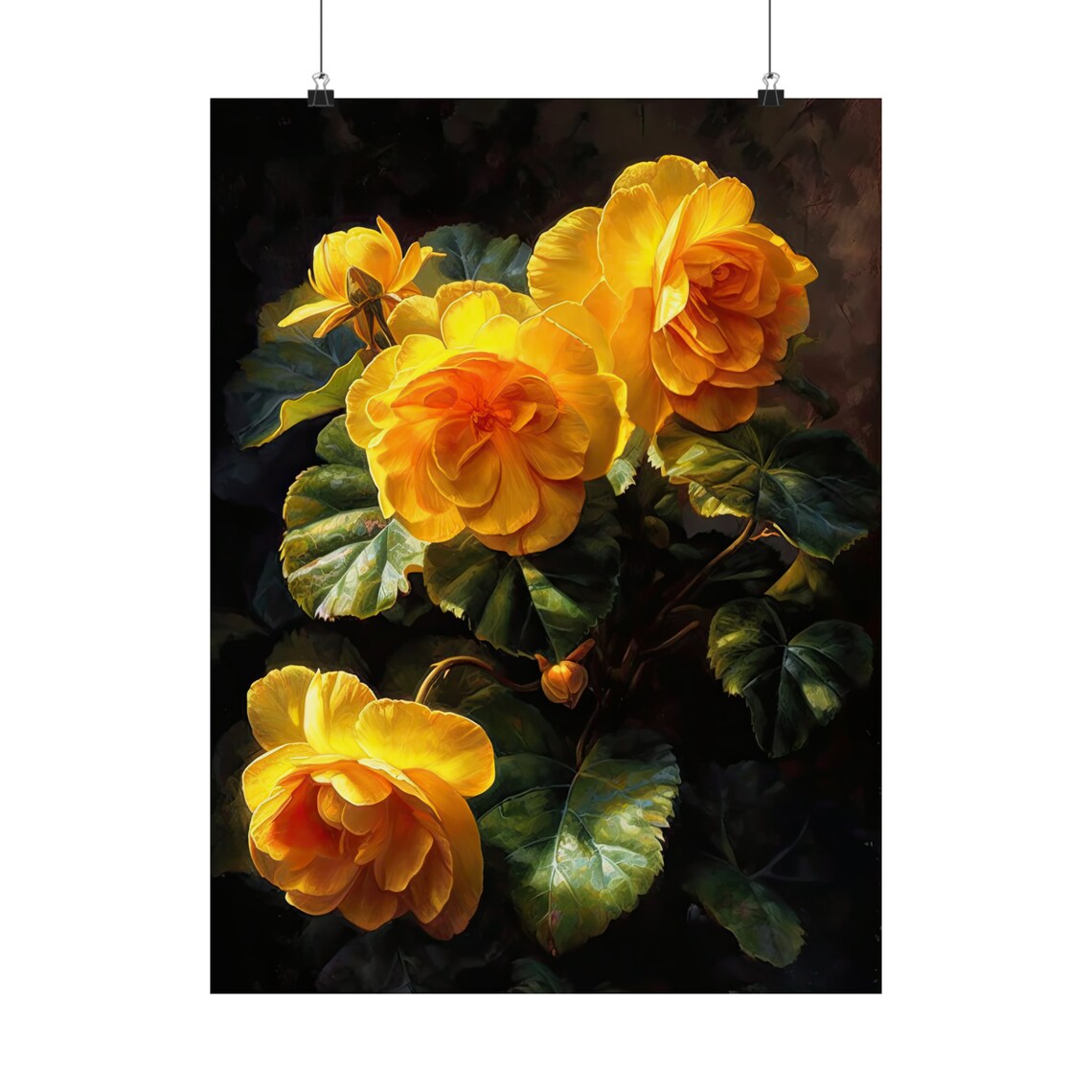 Yellow Begonia Blooms Dark Green Leaves Warm Golden Floral Poster - Image 5