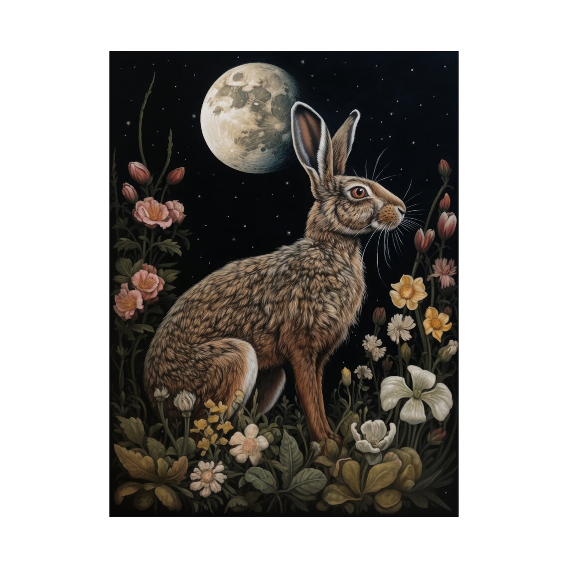 Wild Hare Gazing at Moon Dark Academia Wildflower Night Poster - Image 4
