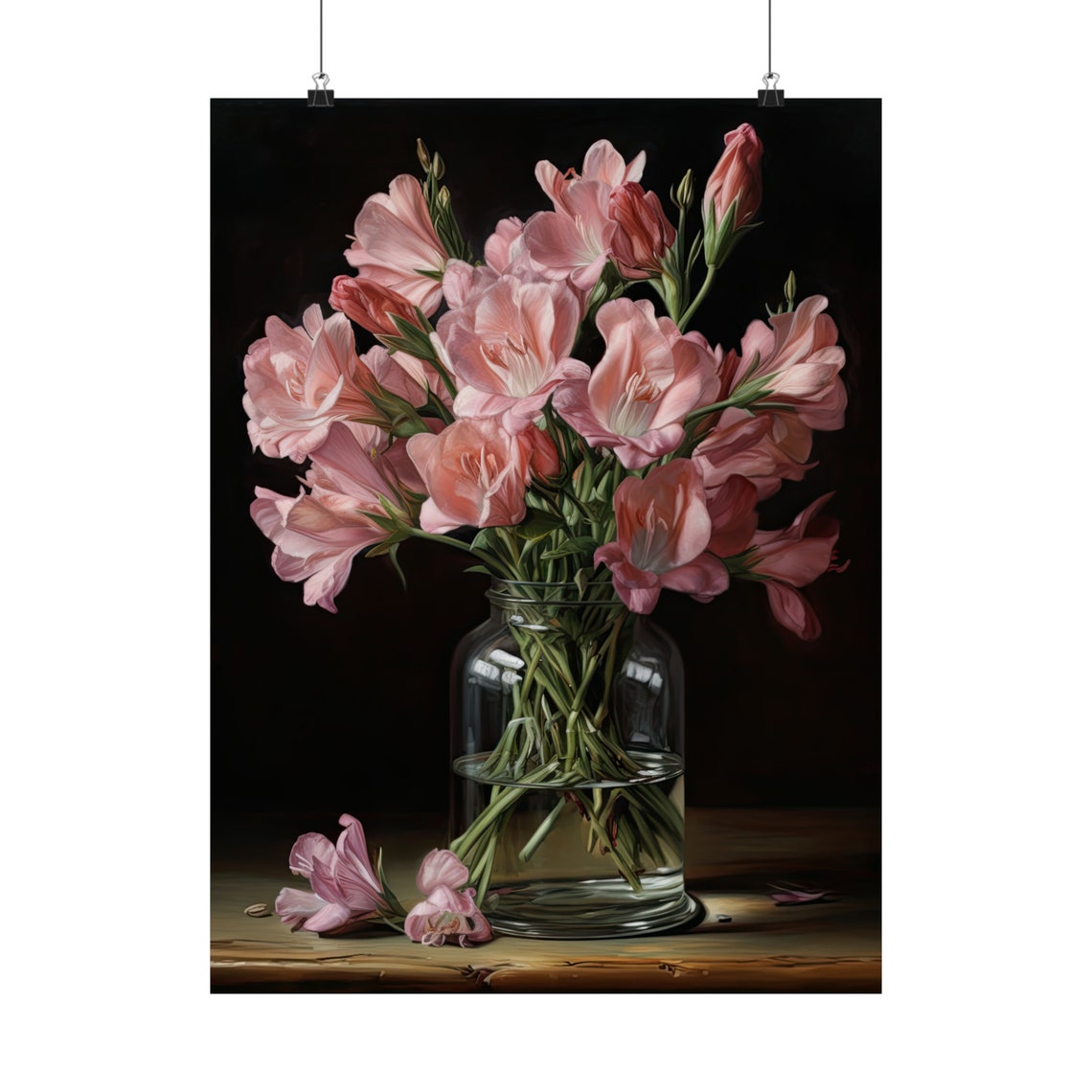 Pink Freesia Flowers Dark Still Life Bouquet Glass Vase Art Print - Image 5