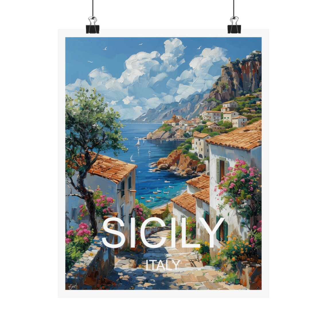 Sicily Italy Coastal Cliff Town Stone Lane Blue Sea View Travel Poster - Image 4