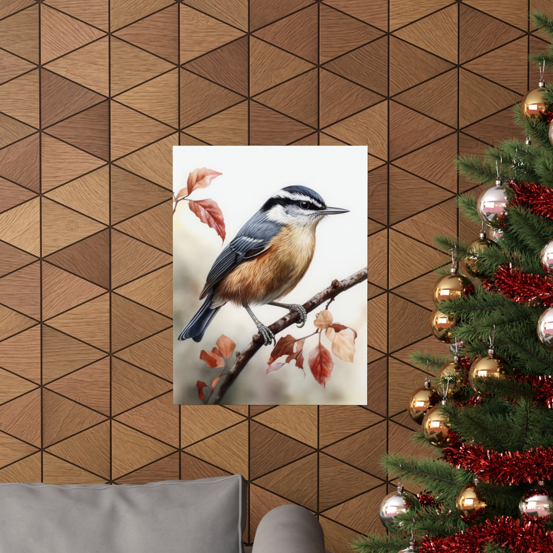 Red Breasted Nuthatch Bird Autumn Leaves Watercolor Fine Art Poster - Image 3