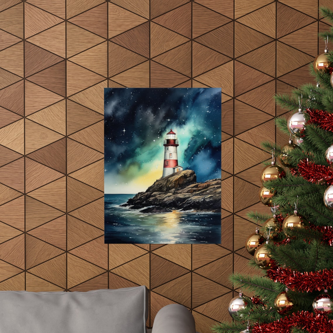 Red White Striped Lighthouse Starry Night Ocean Watercolor Poster - Image 3