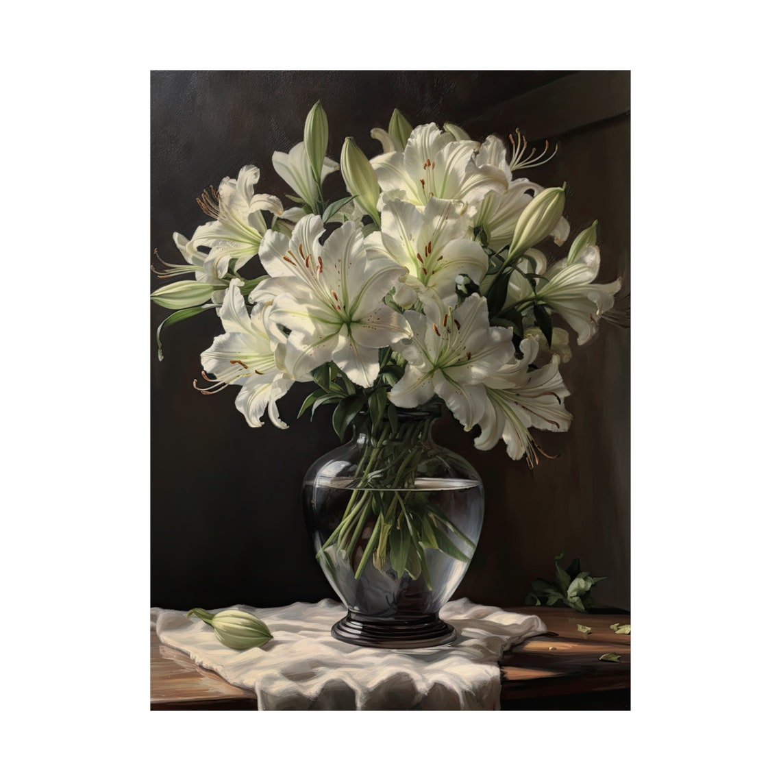White Peruvian Lily Flowers Still Life Vase Linen Cloth Art Print - Image 4