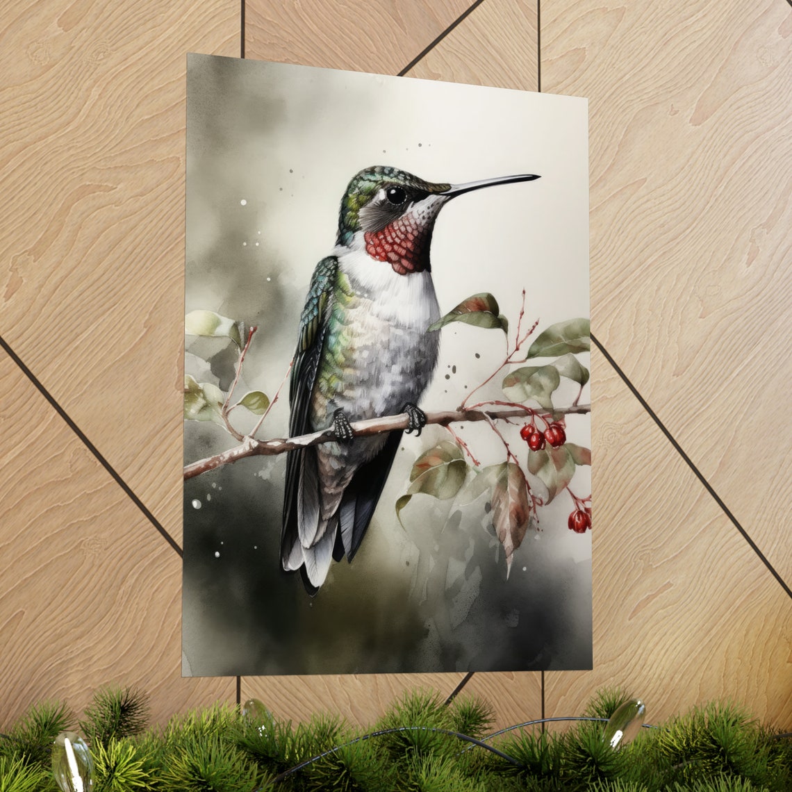 Ruby Throated Hummingbird Perched On Berry Branch Watercolor Poster - Image 2