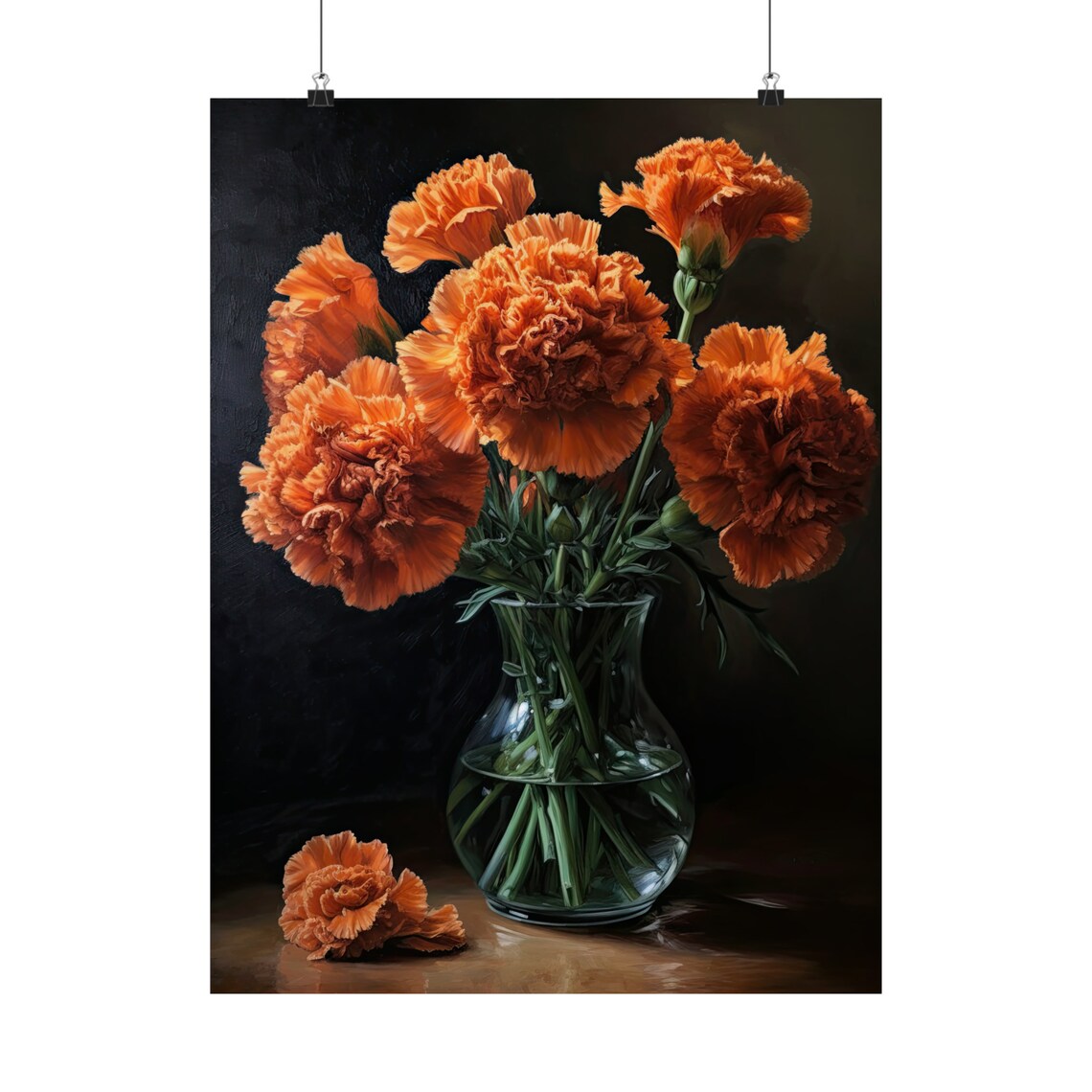 Orange Carnation Bouquet Clear Glass Vase Bold Dark Floral Poster - Image 5