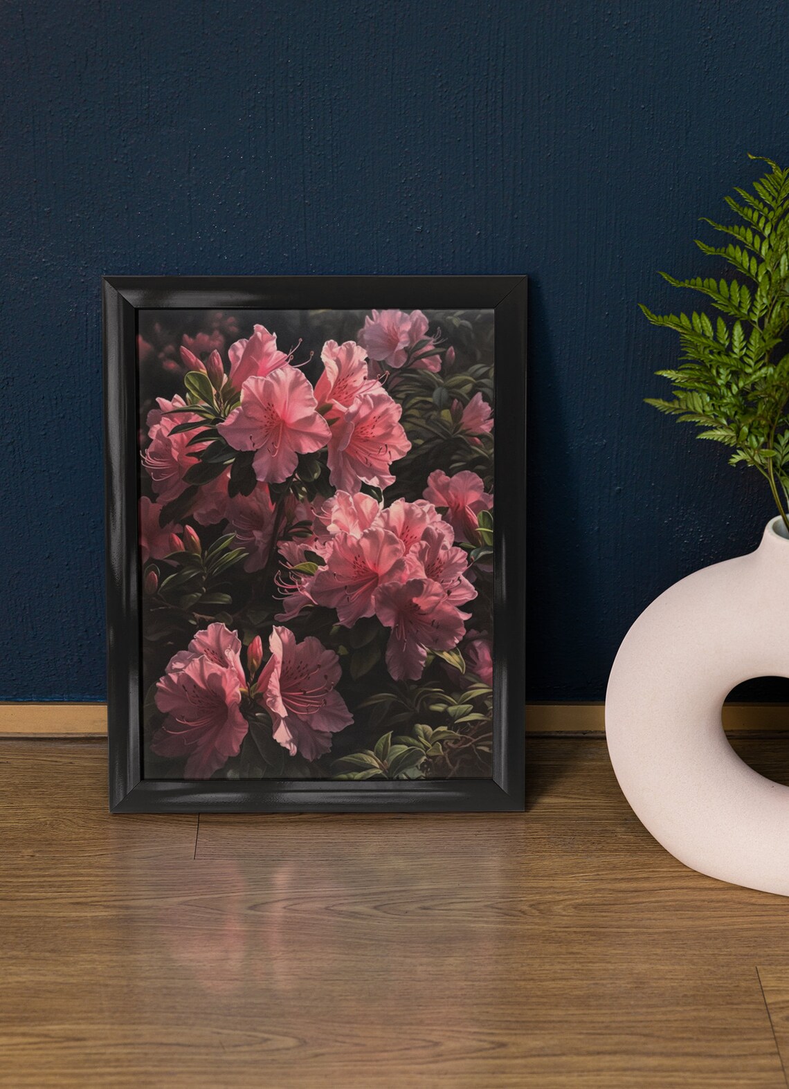 Pink Azalea Blossoms Dark Botanical Oil Painting Style Art Poster