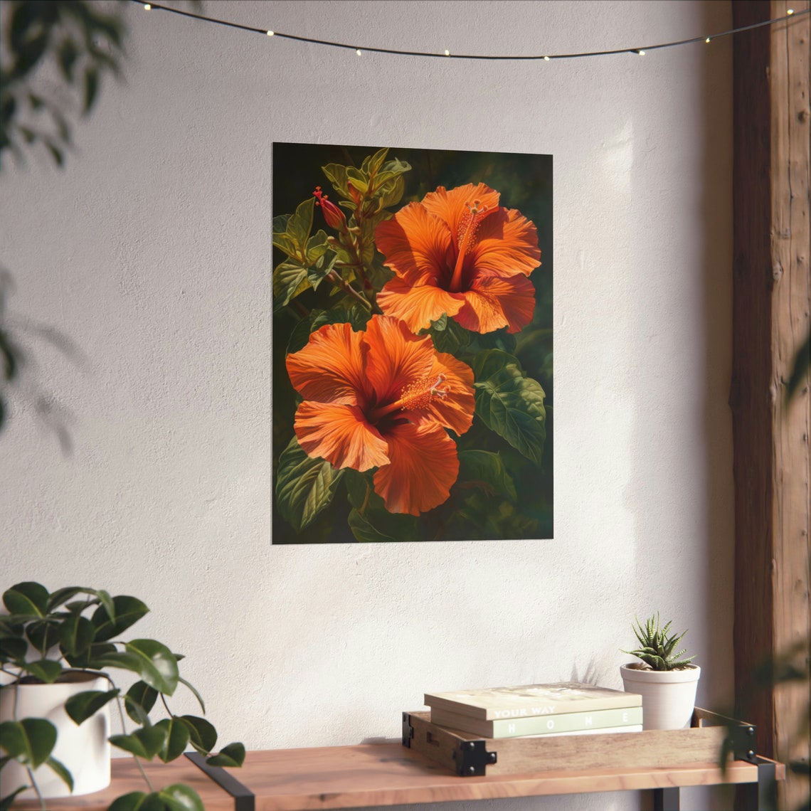 Orange Hibiscus Flowers Dark Tropical Botanical Bloom Art Print - Image 2