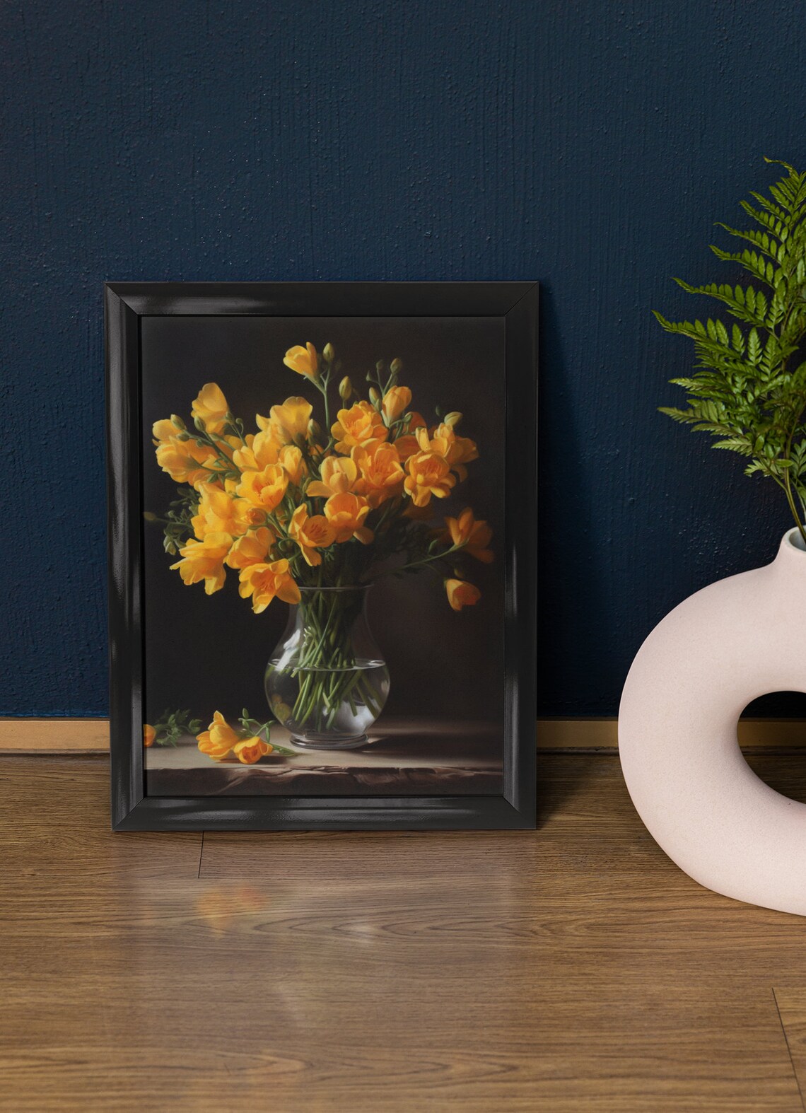 Golden Yellow Freesia Bouquet Glass Vase Dark Still Life Poster