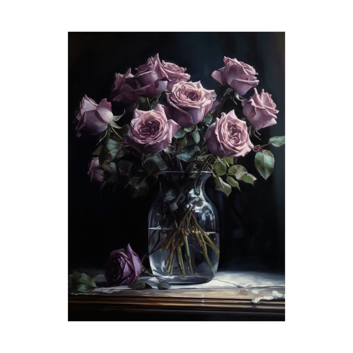 Mauve Rose Bouquet Glass Vase Shadowed Elegant Floral Art Poster - Image 4