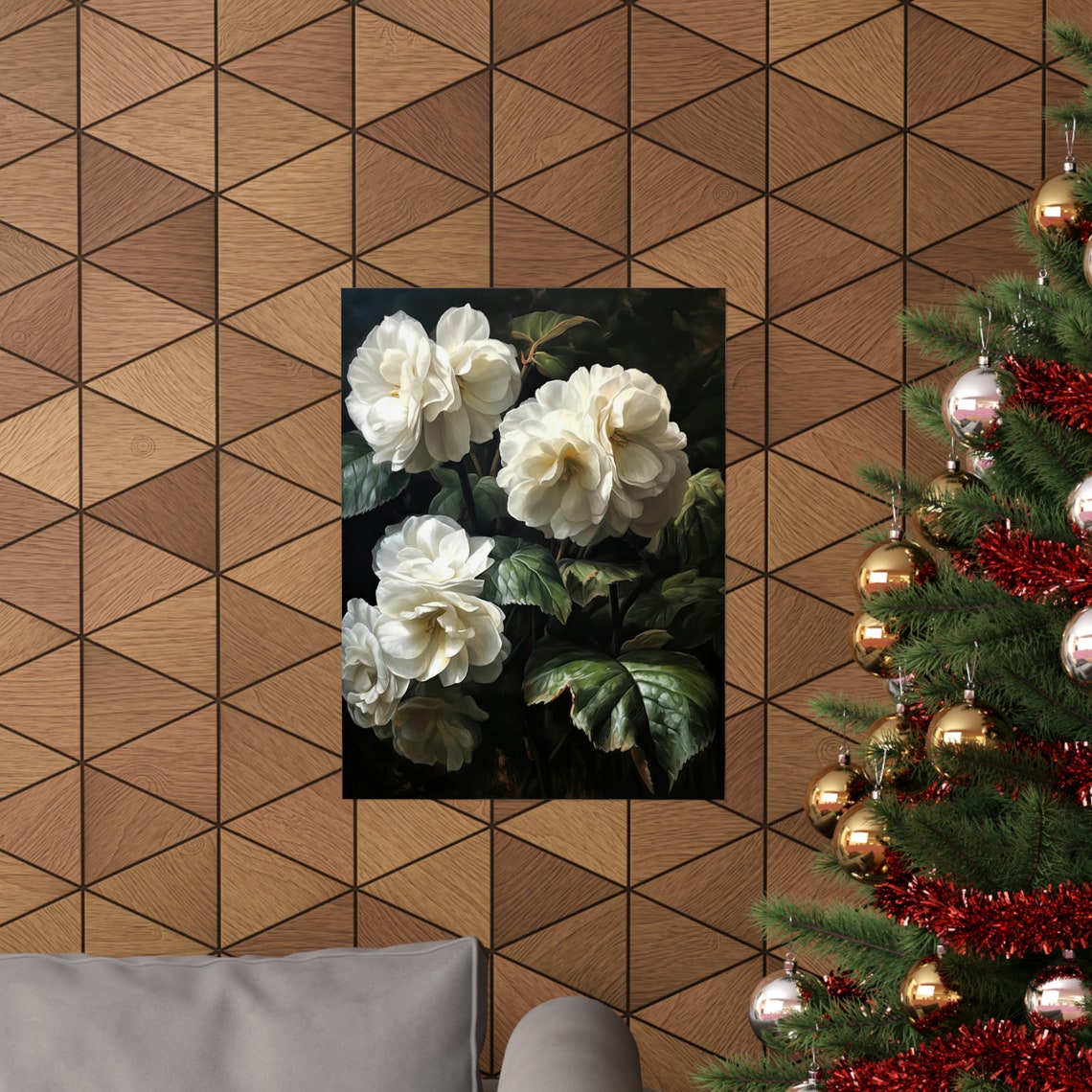 White Begonia Blossoms Dark Leafy Backdrop Crisp Floral Art Poster - Image 3