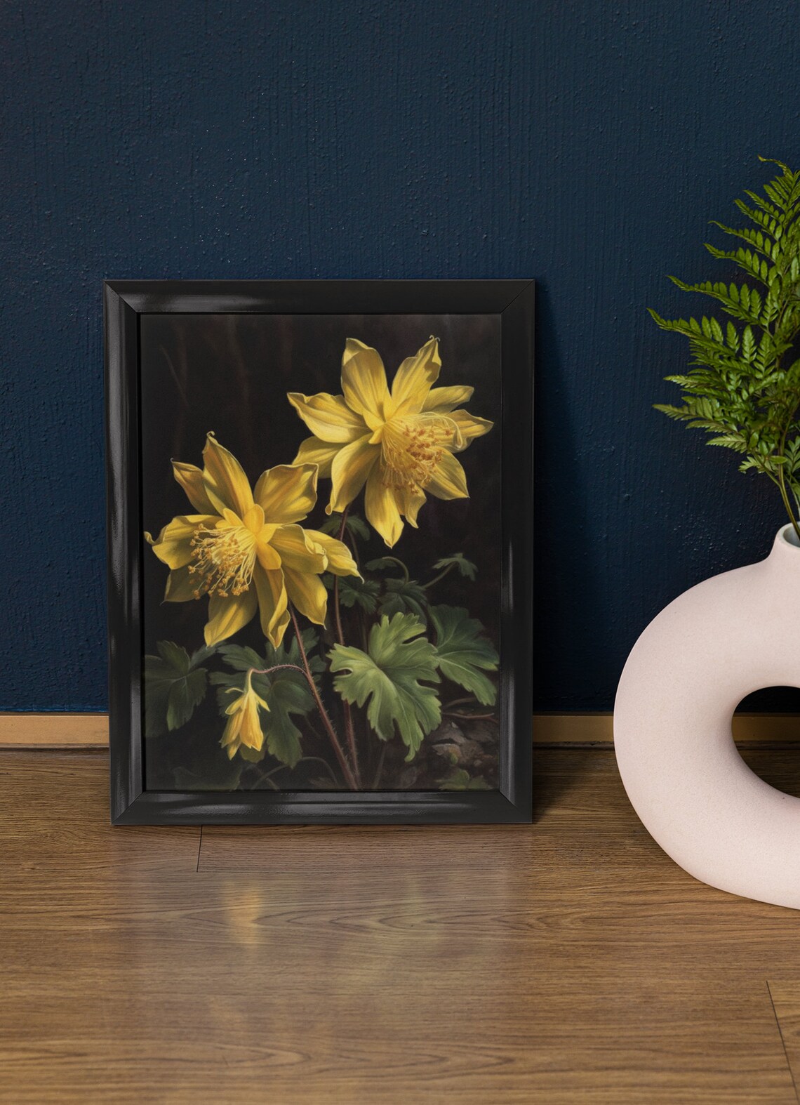 Yellow Columbine Flowers Moody Dark Botanical Oil Painting Art Print
