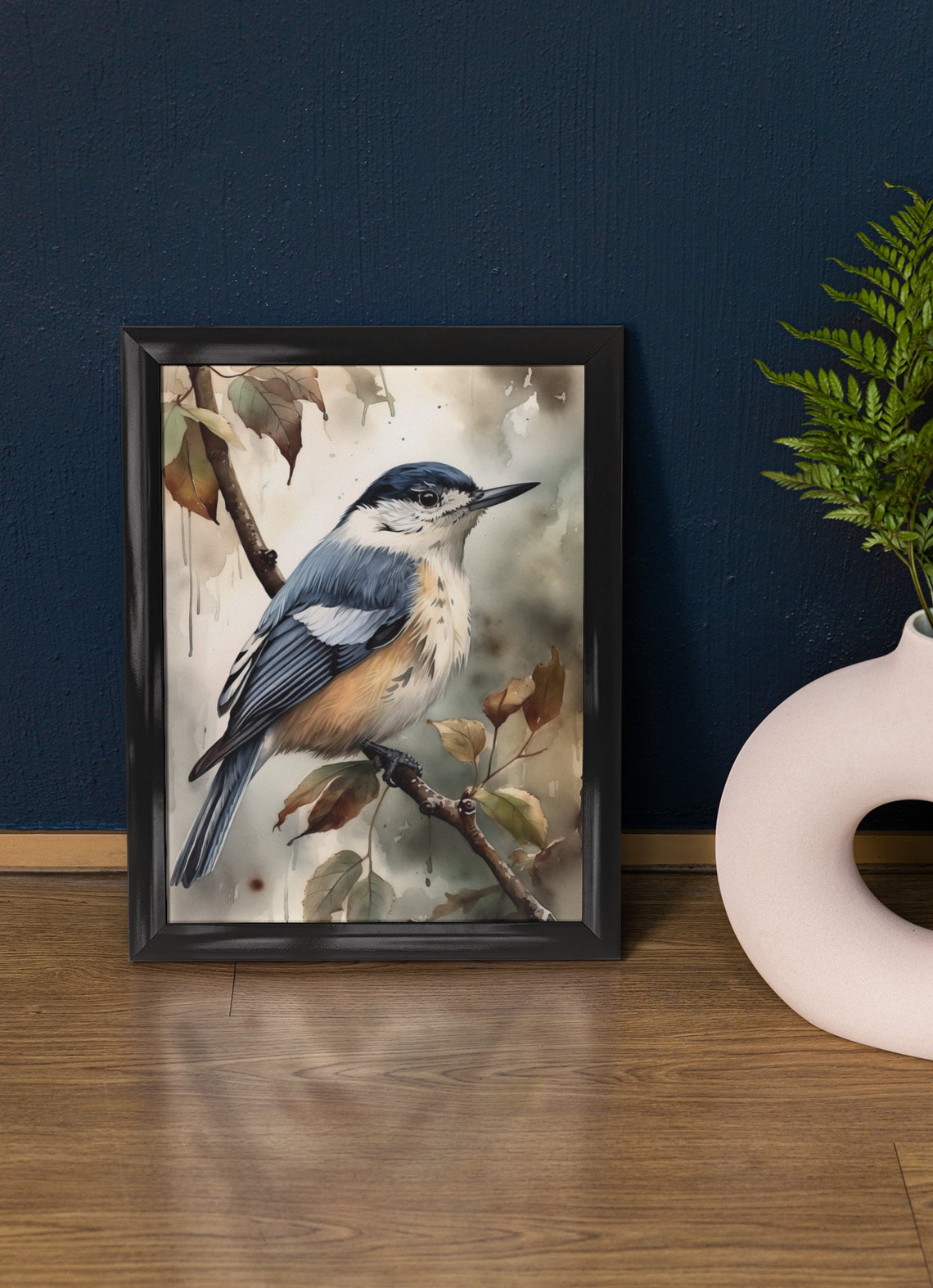 White Breasted Nuthatch Bird Watercolor Autumn Branch Fine Art Poster