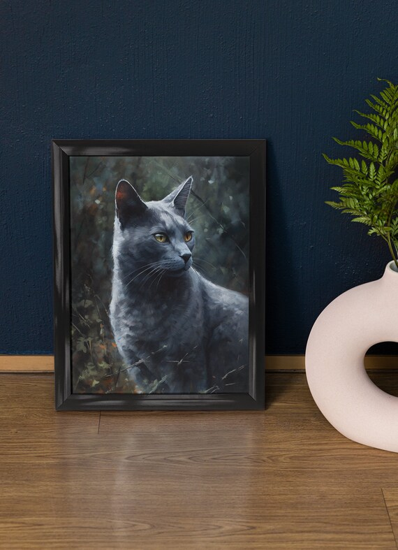 Blue Gray Cat Amber Eyes Forest Foliage Portrait Feline Art Poster