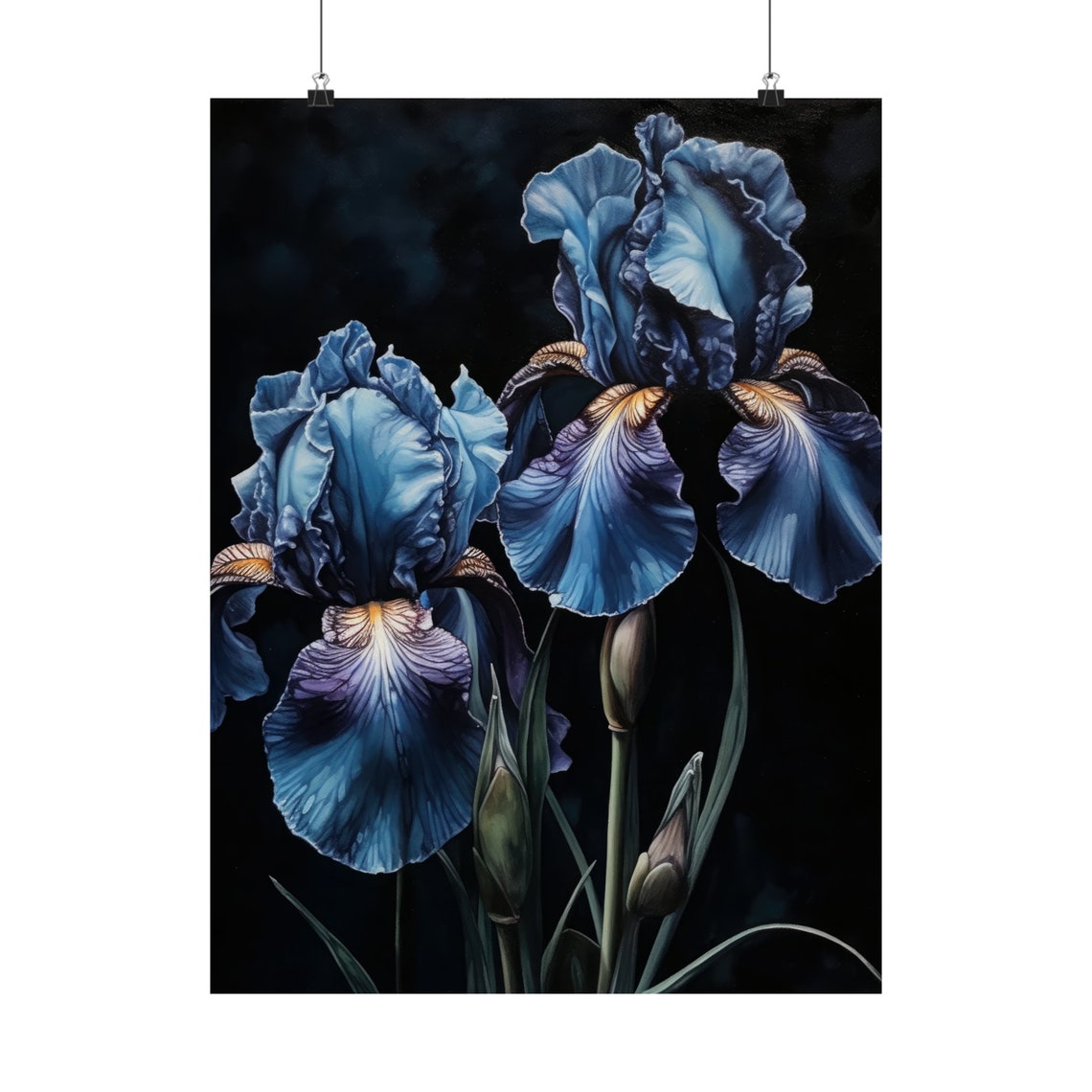 Navy Blue Iris Blooms Copper Beards Dark Botanical Art Print - Image 5