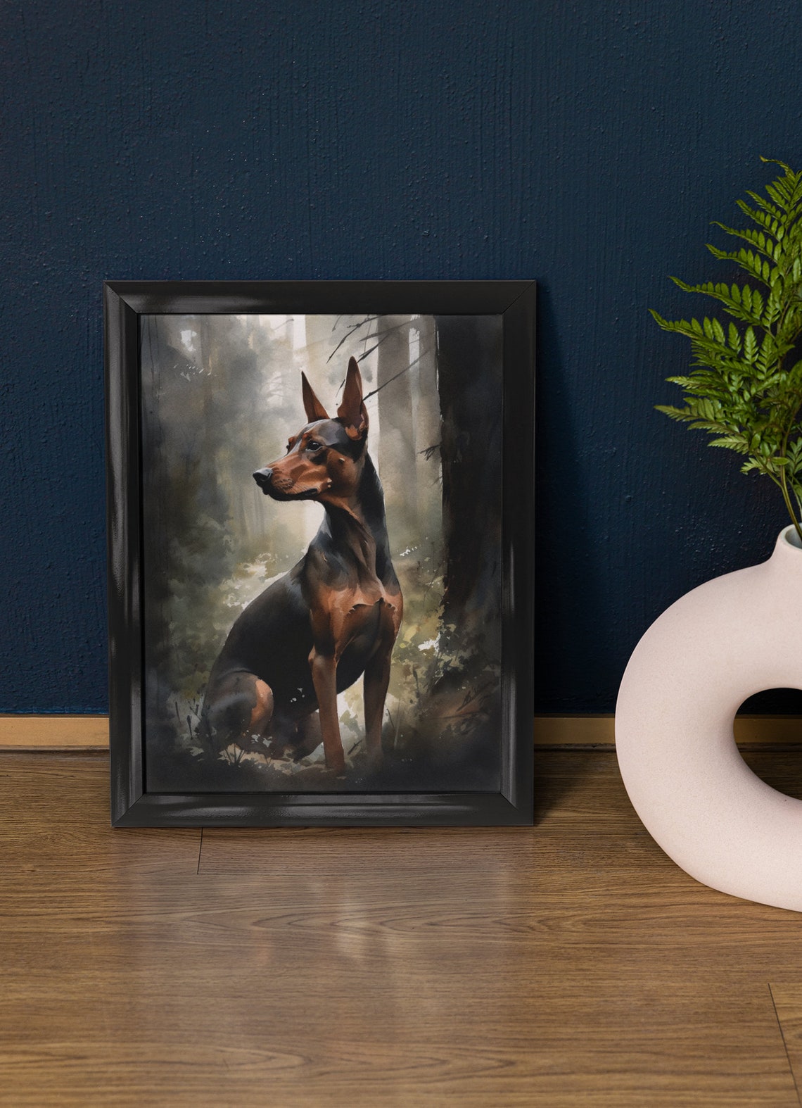German Pinscher Watercolor Portrait Sitting In Dark Forest Art Print