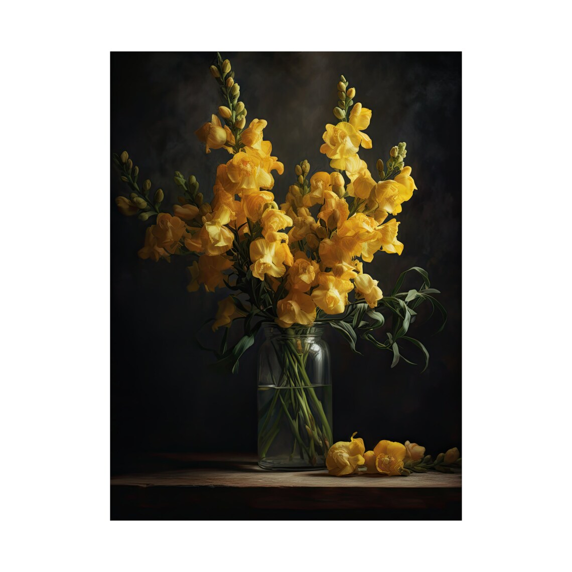Golden Yellow Snapdragon Flowers Glass Vase Dark Still Life Art Print - Image 4