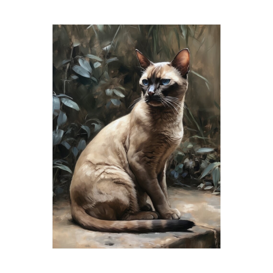 Seal Point Cat Sitting Stone Wall Garden Portrait Feline Art Print - Image 4