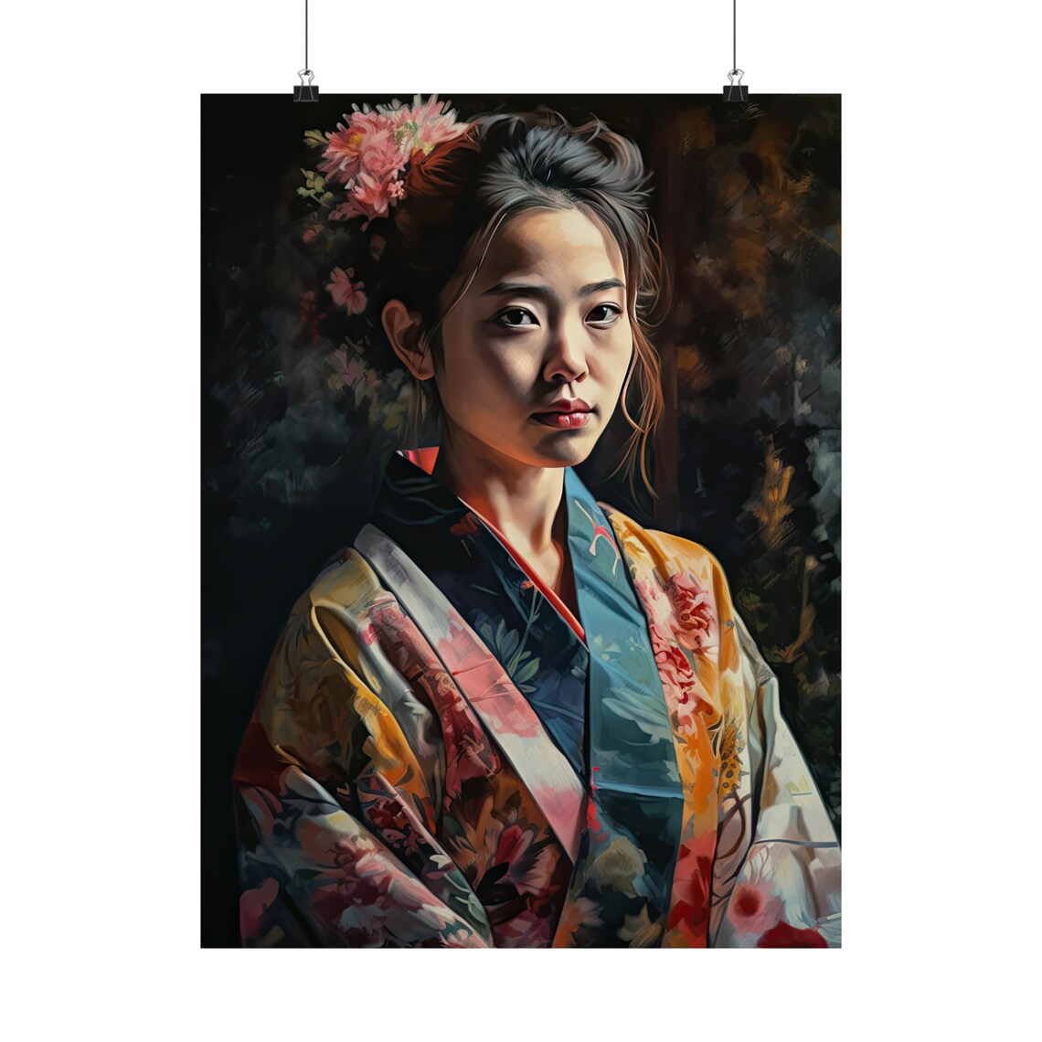 Japanese Woman Colorful Floral Kimono Flower Hairpiece Portrait Poster - Image 5