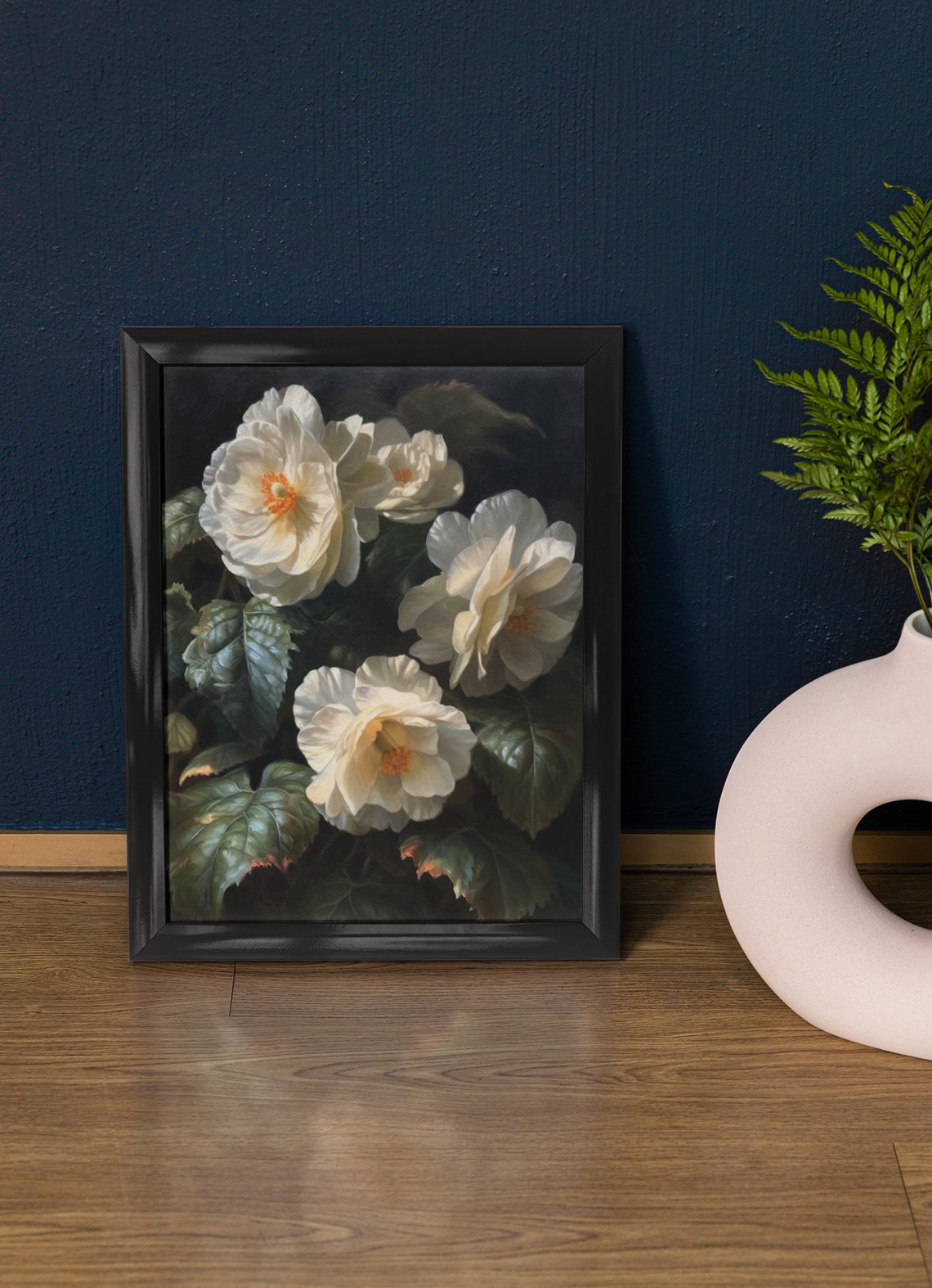 White Begonia Orange Center Blooms Dark Foliage Floral Art Poster