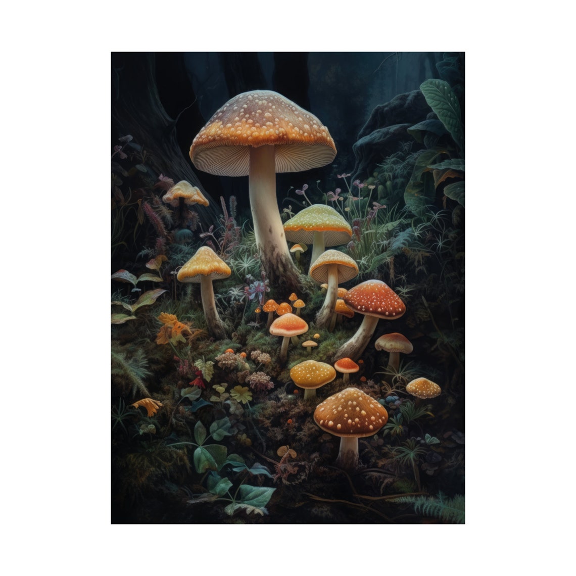 Towering Pale Mushroom With Glowing Rim Among Red Fly Agaric Poster - Image 4