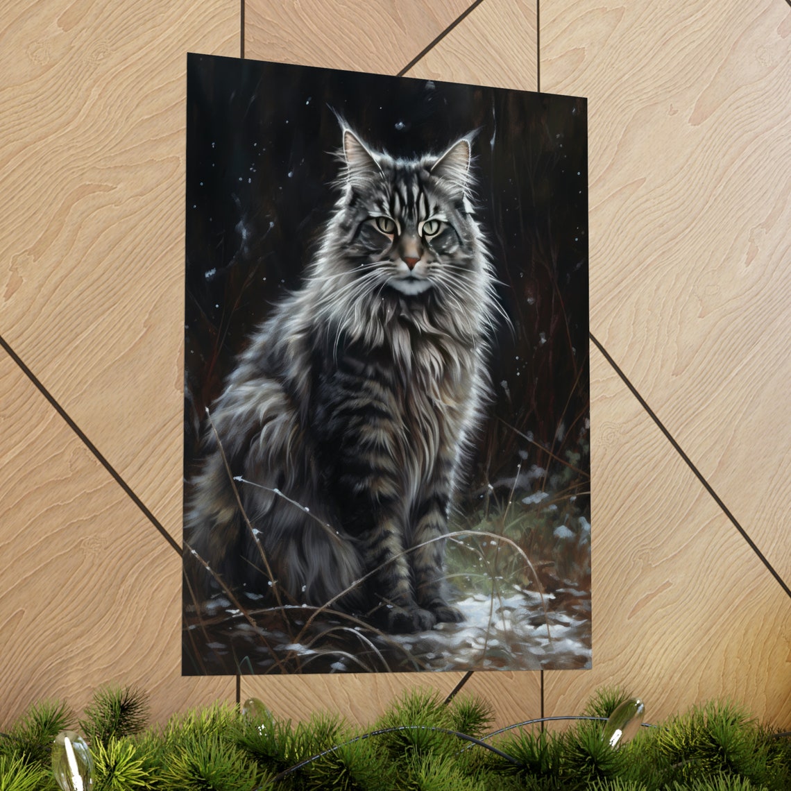 Long Haired Tabby Cat Snowy Forest Portrait Feline Art Poster - Image 2