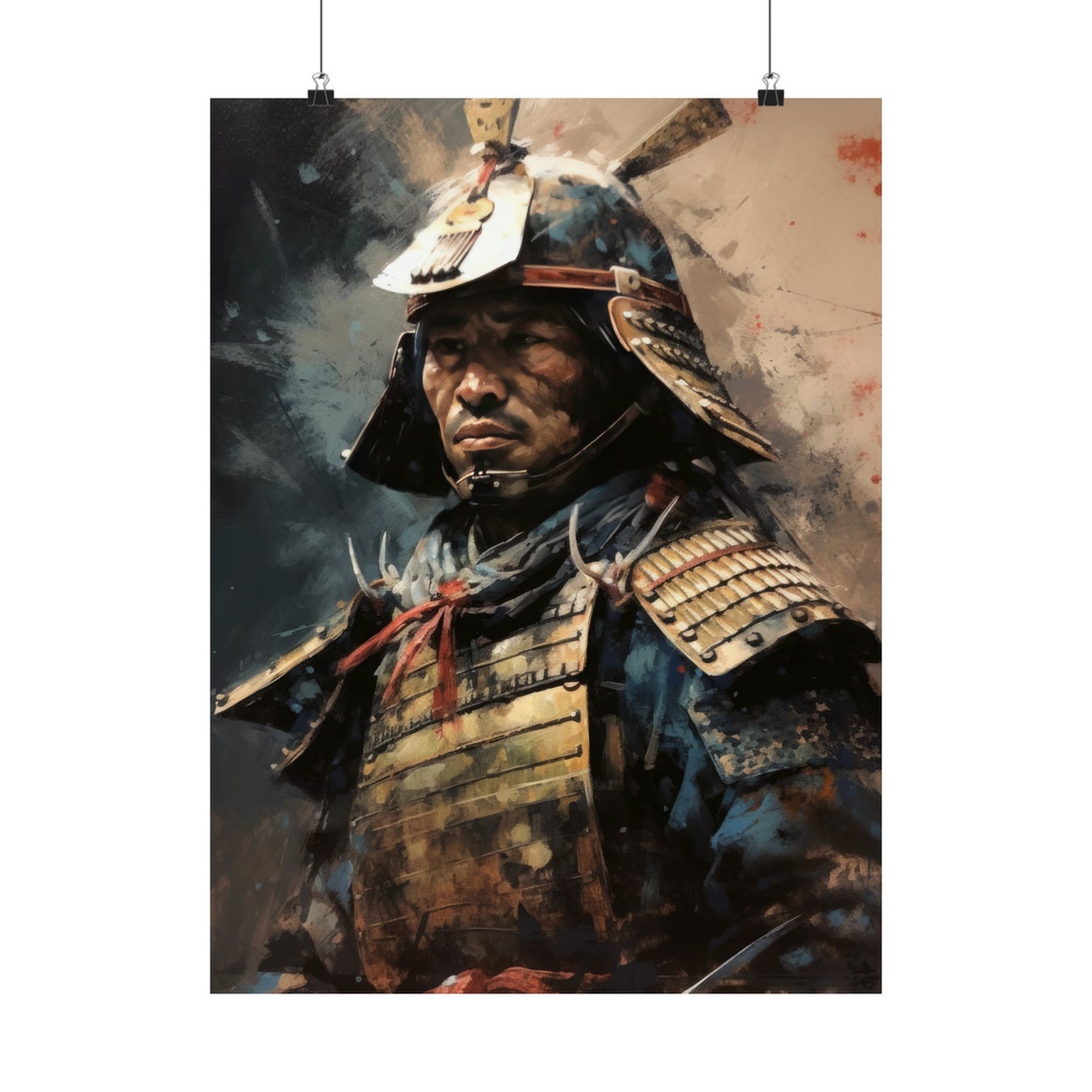 Samurai Warrior in Battle Worn Armor Dramatic Oil Painting Art Print - Image 5