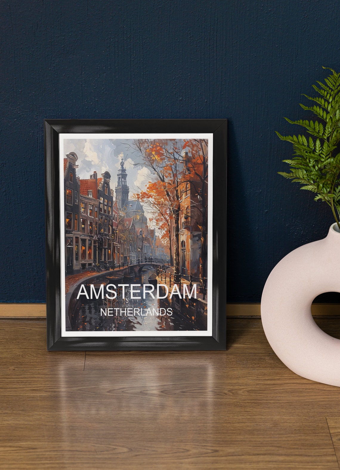 Amsterdam Netherlands Canal Autumn Watercolor Scenic Travel Poster