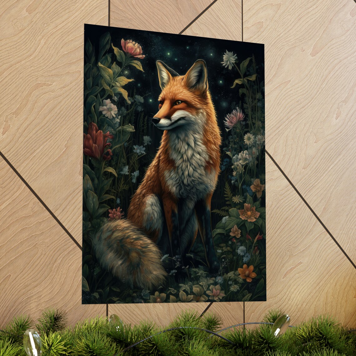 Red Fox Sitting In Profile Among Night Wildflowers With Fireflies Poster - Image 2