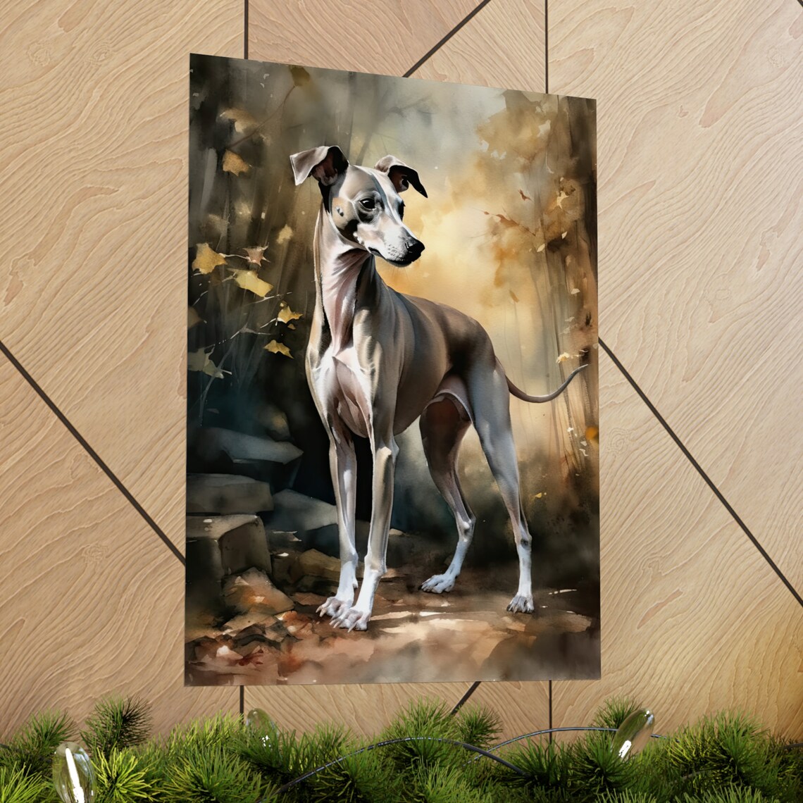Italian Greyhound Standing In Golden Autumn Light Watercolor Poster - Image 2