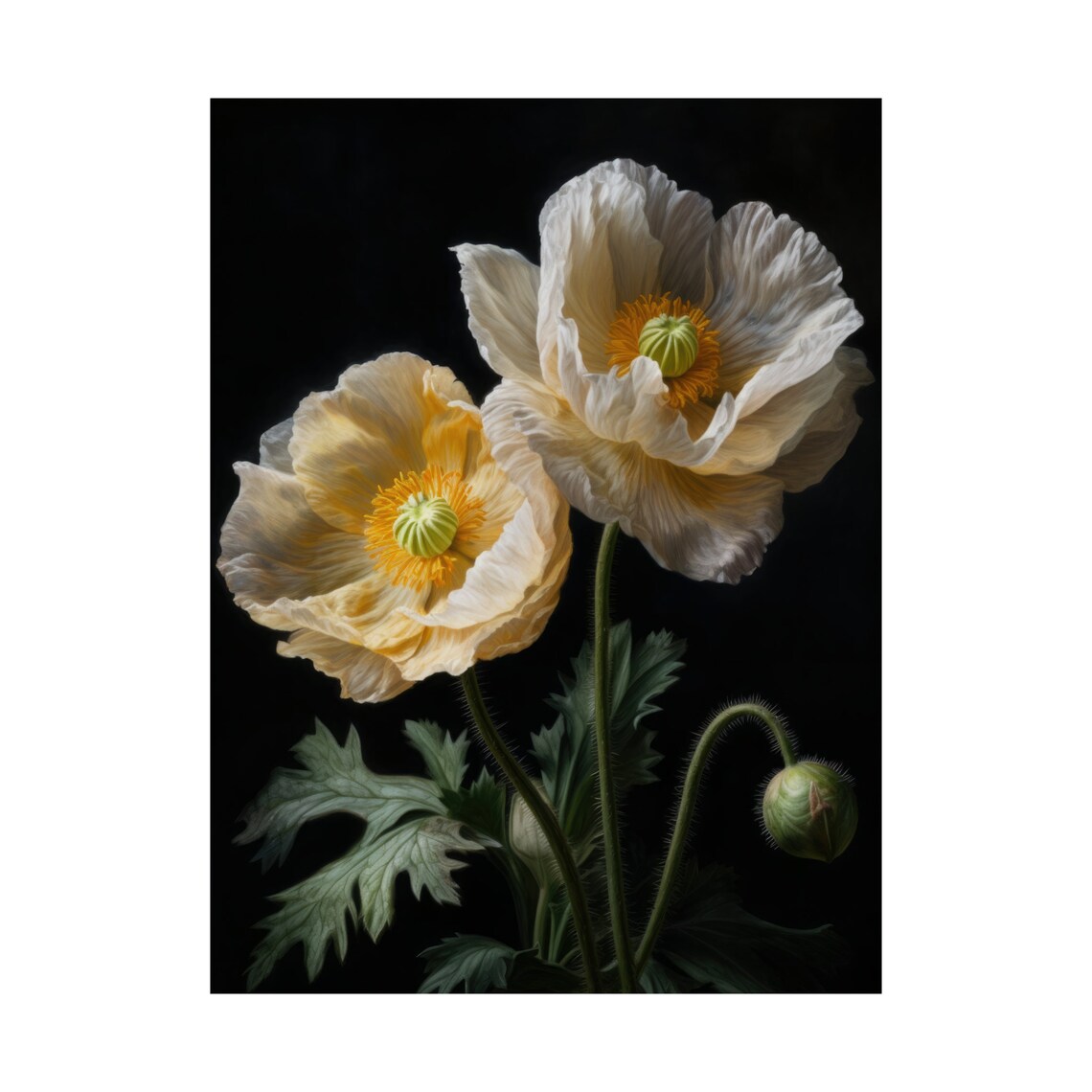 Cream Poppy Flowers Golden Center Dark Moody Botanical Art Print - Image 4