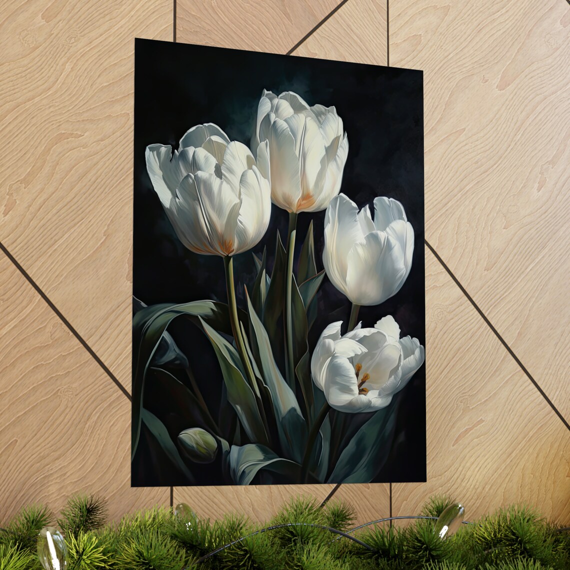 White Tulips Dark Background Elegant Floral Oil Painting Art Print - Image 2