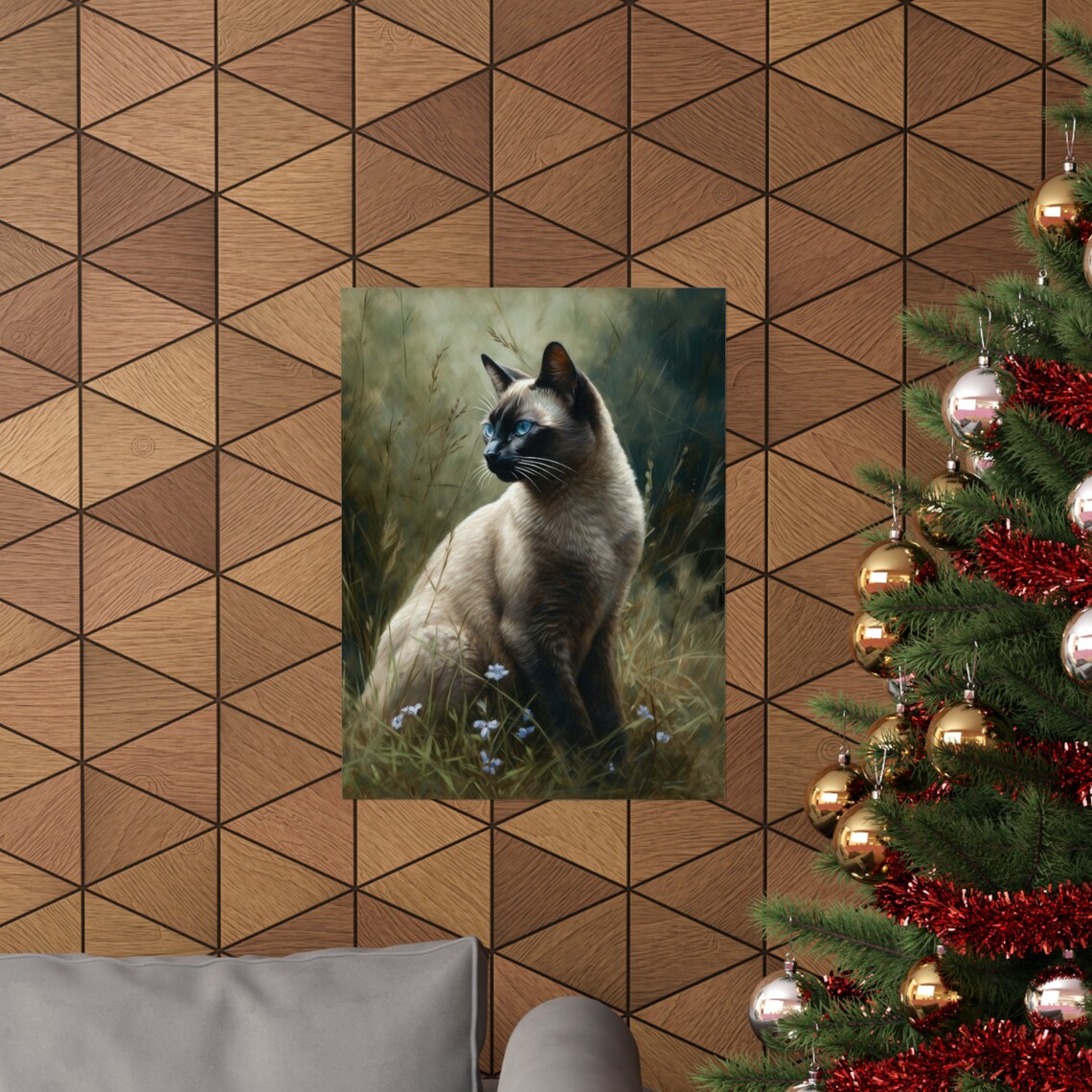 Tonkinese Cat Seal Point Shorthair Blue Eyes In Tall Grass Art Print - Image 3