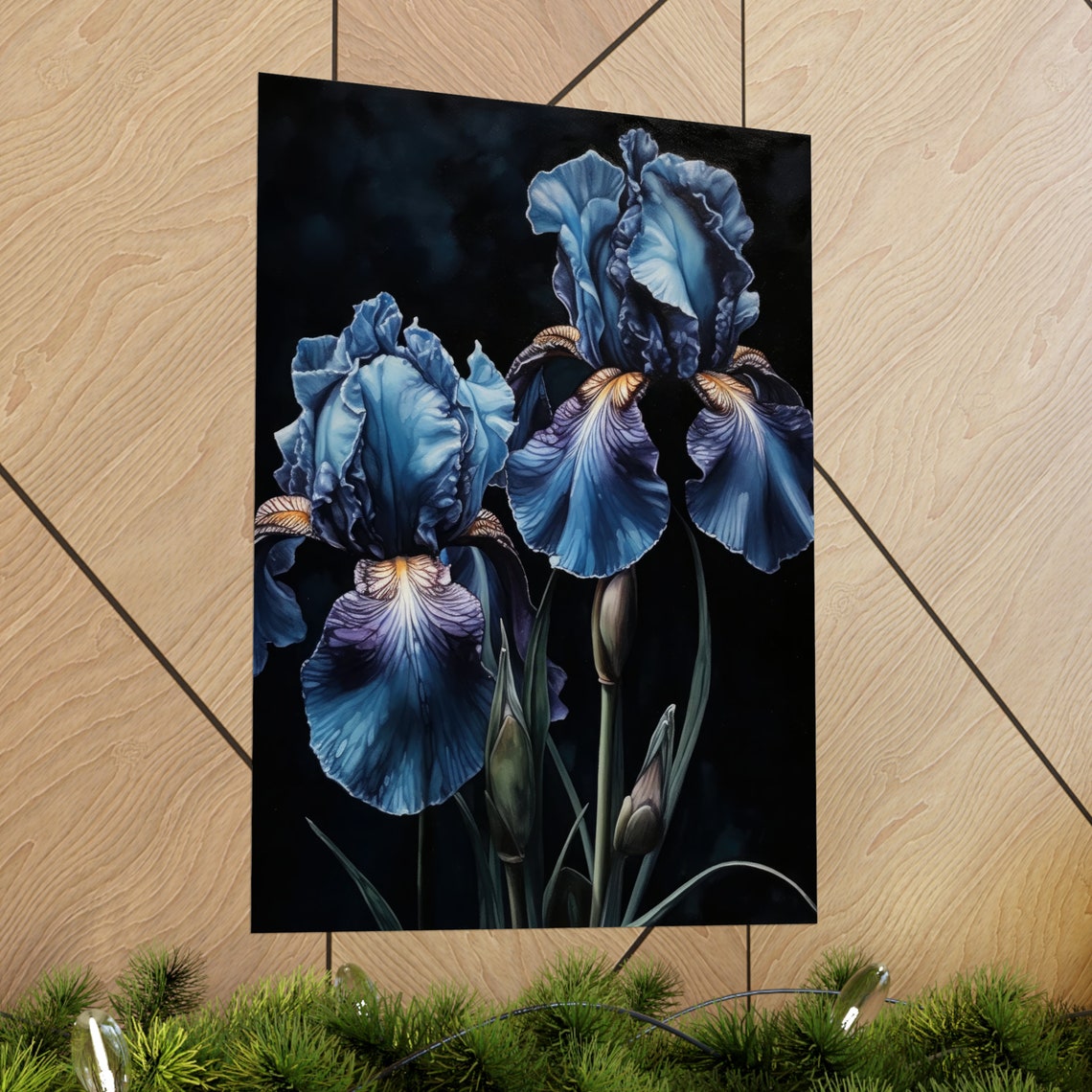 Navy Blue Iris Blooms Copper Beards Dark Botanical Art Print - Image 2