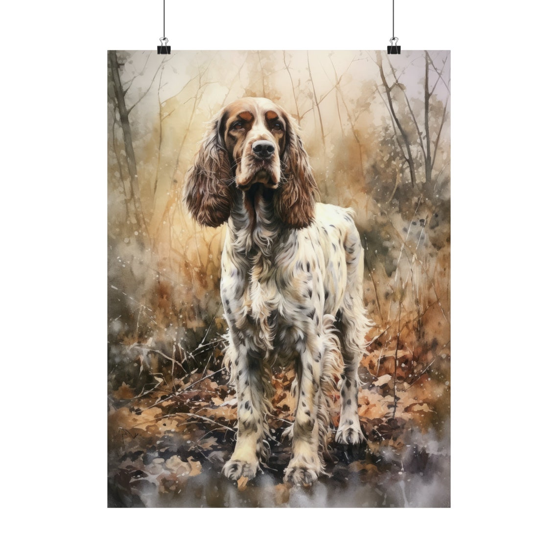 English Cocker Spaniel Standing Among Fallen Leaves Watercolor Print - Image 5