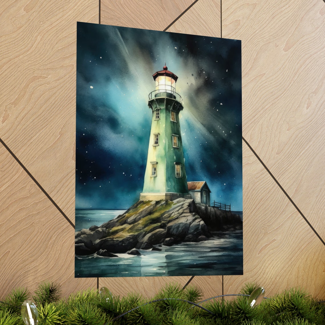 Green Lighthouse Starry Night Glowing Beacon Rocky Island Wall Art - Image 2